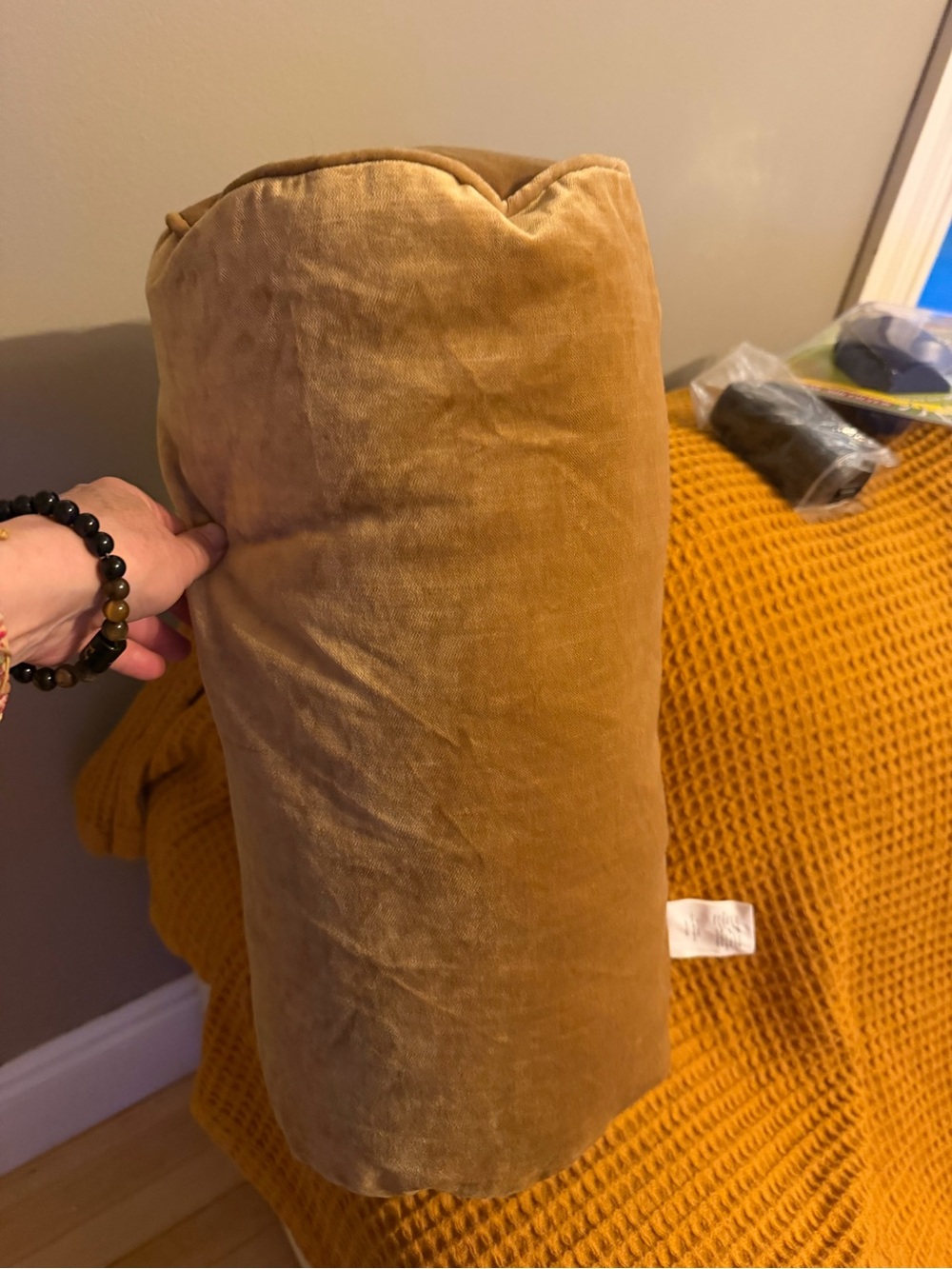 Mainstays Velvet Bolster Pillow in Mustard